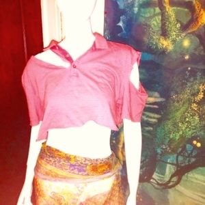 Vintage Pink Stripe  Distressed Collared Crop Top